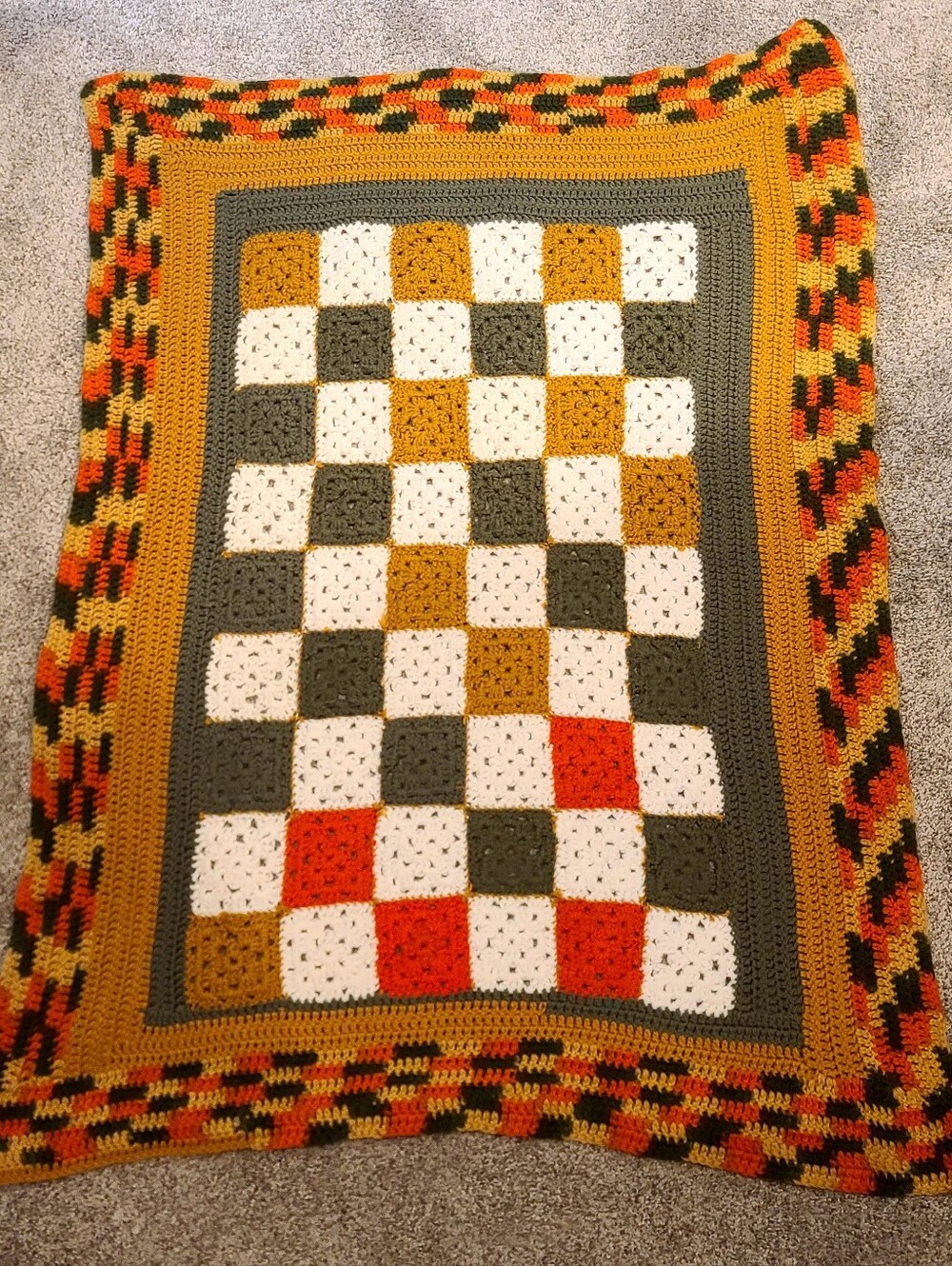 Handmade Crochet Checkerboard Throw Blanket - White, Mustard, Olive, Orange
